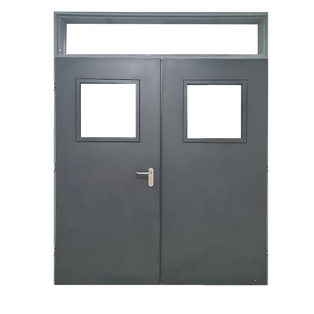 Fire door with two leaves, glass, and upper light